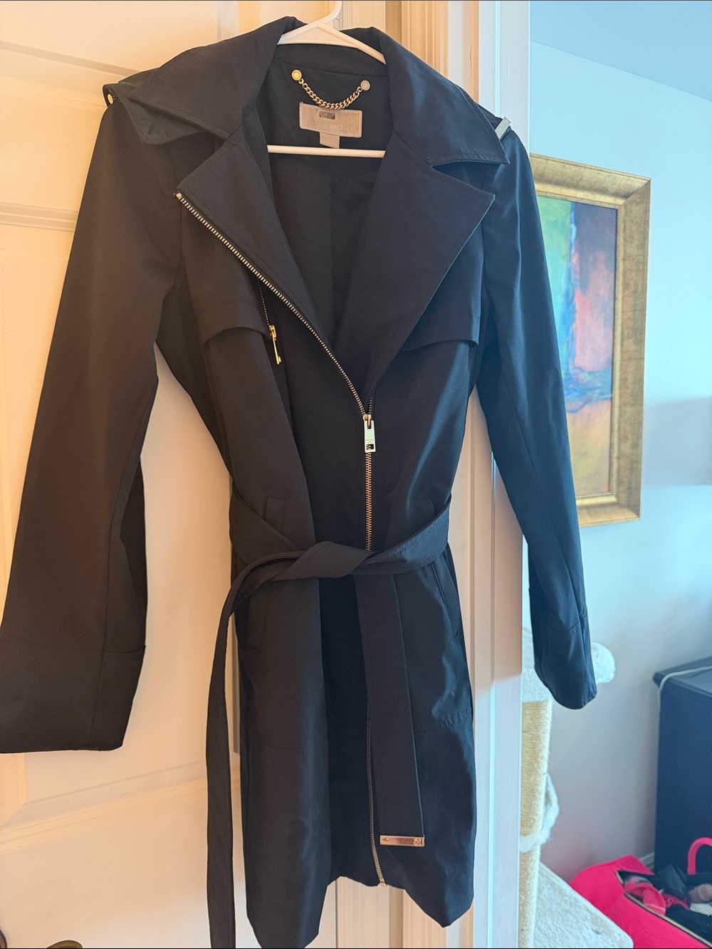Michael Kors Black Trench Coat with Belt and Zip